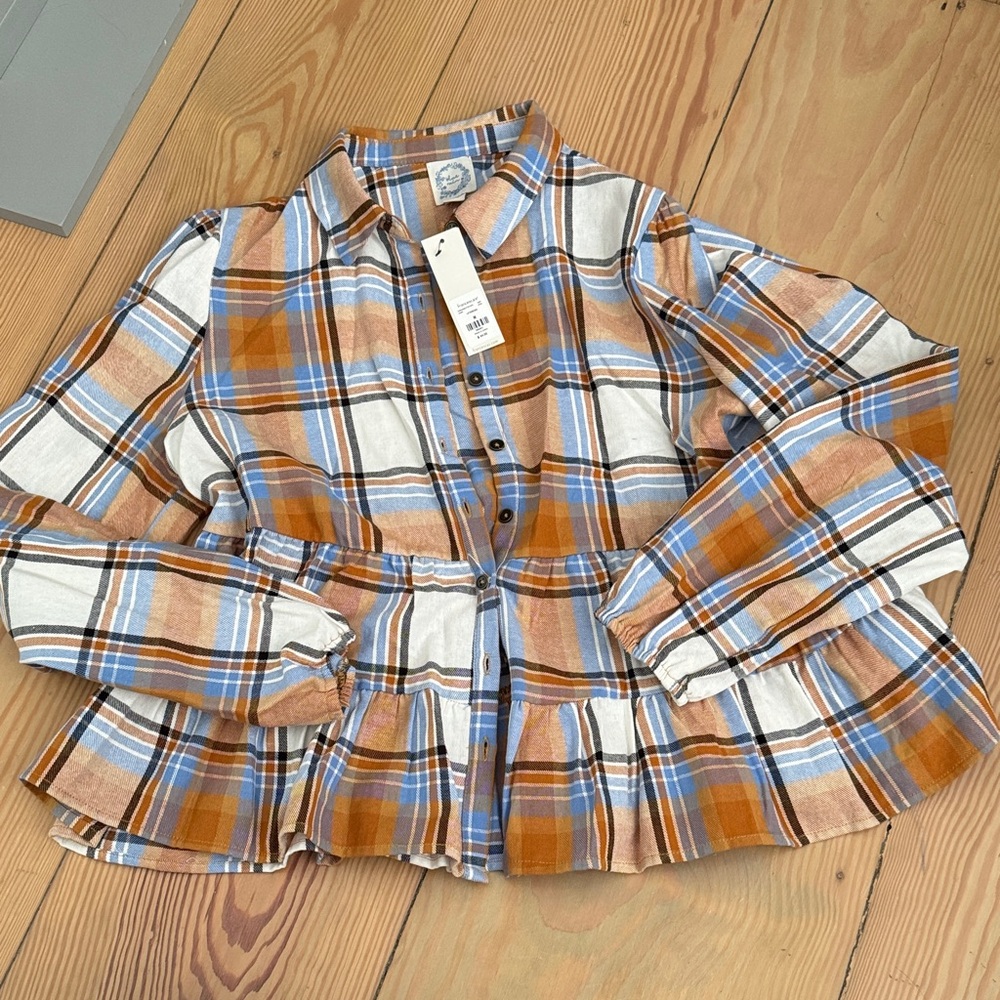 Francesca's Collections Plaid Button Down Shirt in Blue and Brown